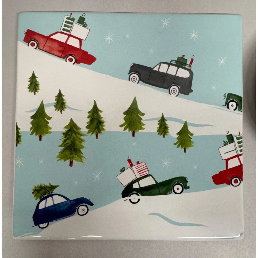 Crate and Barrel Christmas Kitchen Retro Cars Christmas Trees Trivet Spoon Rest